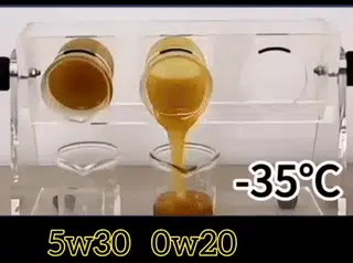 Сравнение вязкости моторных масел 5w30 и 0w20 при низкой температуре -35 градусов Цельсия.