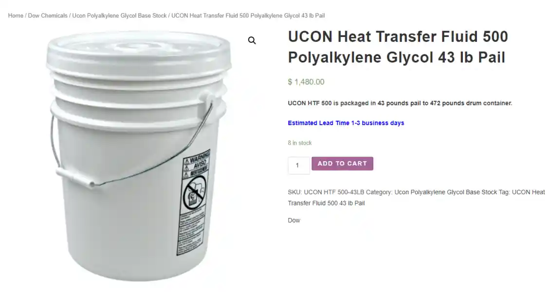 Белое ведро с крышкой, на этикетке предупреждающие знаки, товар UCON Heat Transfer Fluid 500 Polyalkylene Glycol 43 lb Pail.