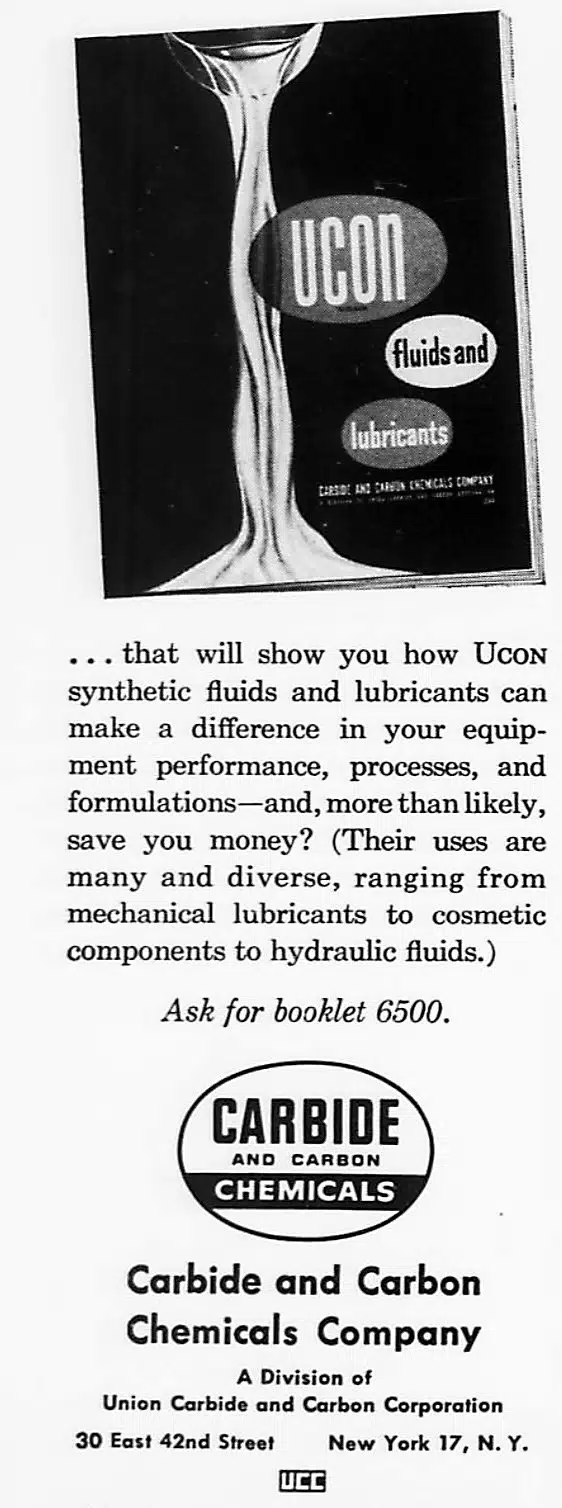 Реклама UCON fluids and lubricants от Carbide and Carbon Chemicals Company с изображением льющейся жидкости.