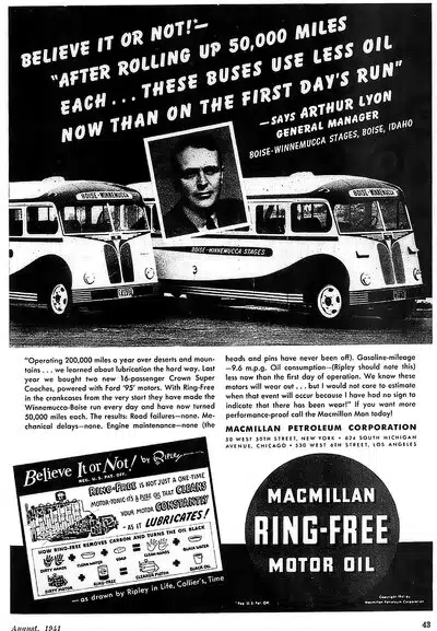Старинная реклама масла Macmillan Ring Free для автобусов демонстрирующая экономию после пробега.