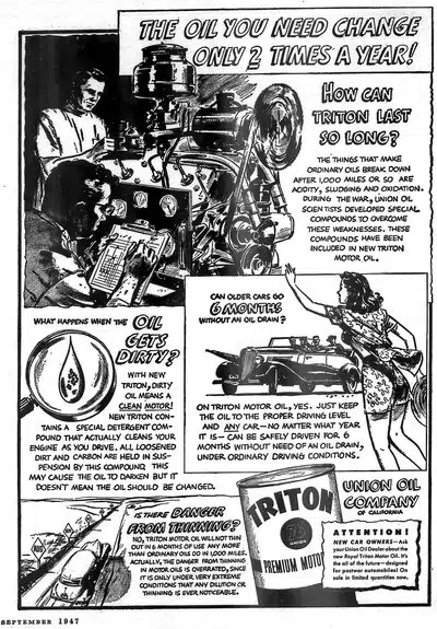Реклама моторного масла Triton 1947 года: механики и автомобиль на фоне текста о преимуществах длительной службы масла.