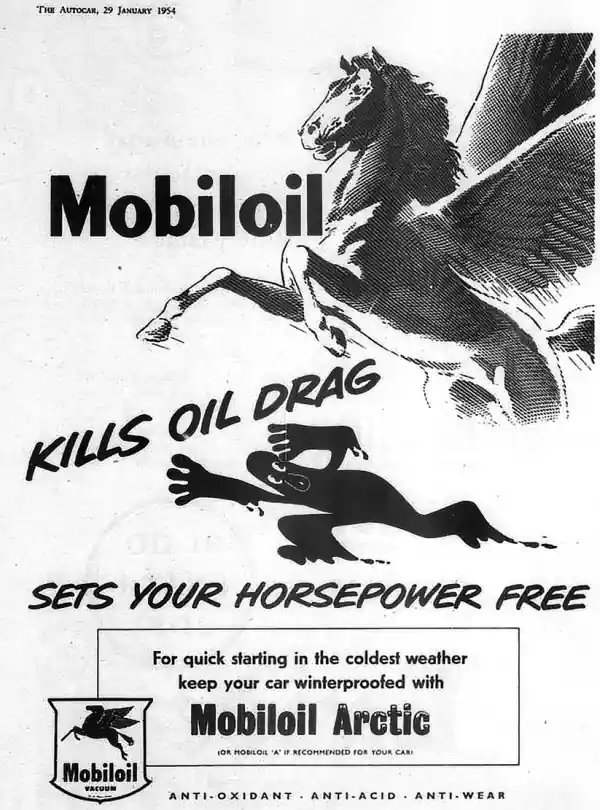 Винтажная реклама Mobiloil с крылатым конём Пегасом победившим масляного человека для большей мощности автомобиля.