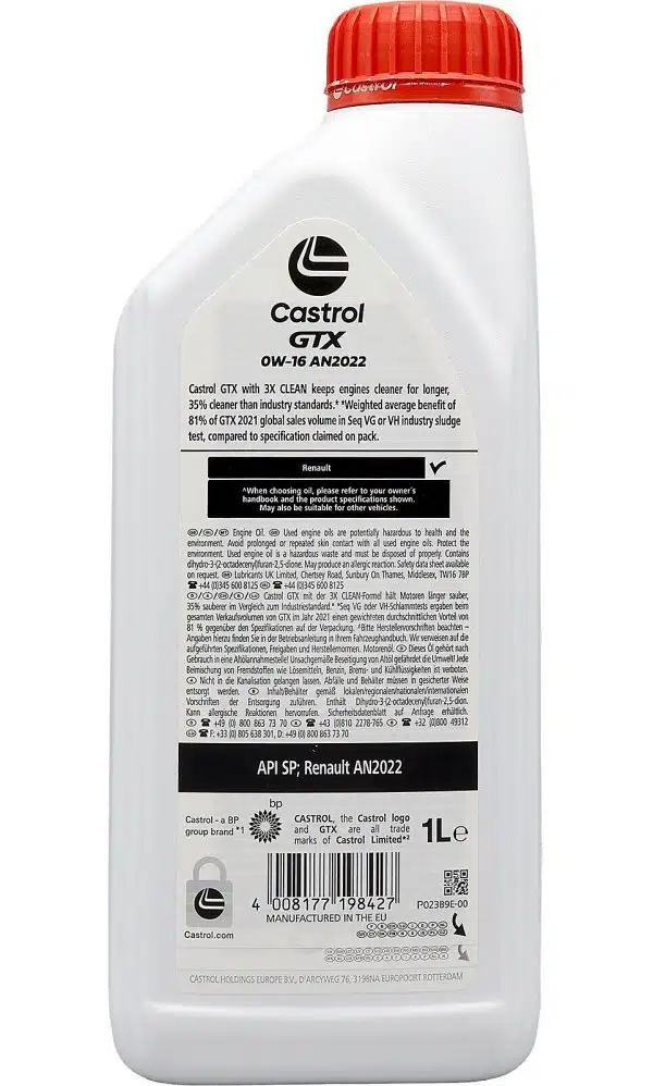 Бутылка моторного масла Castrol GTX 0W 16 AN2022
