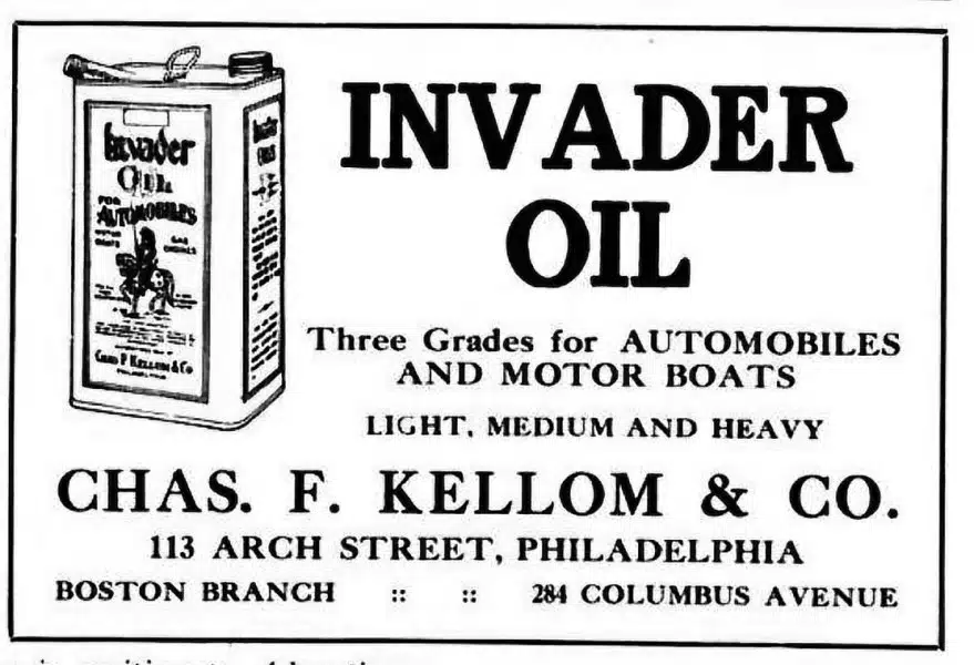 Реклама моторного масла Invader Oil для автомобилей и лодок с адресом компании Chas F Kellom & Co в Филадельфии и филиалом в Бостоне.