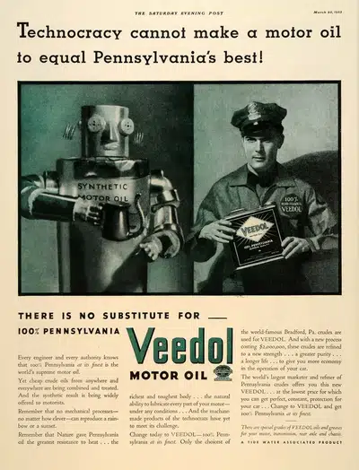Красивое рекламное изображение моторного масла Veedol где робот и человек показывают надежность и качество продукта.