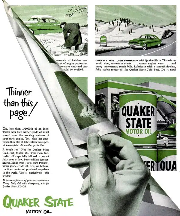 Рекламный плакат Quaker State демонстрирует преимущества моторного масла для зимней защиты двигателя автомобиля.