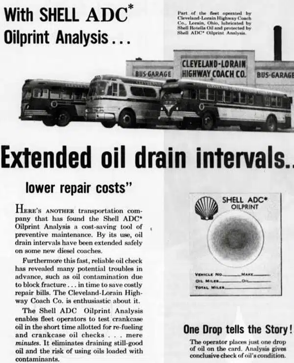 Реклама Shell ADC Oilprint Analysis для автобусного парка Cleveland Lorain, предлагающая увеличение интервалов замены масла.