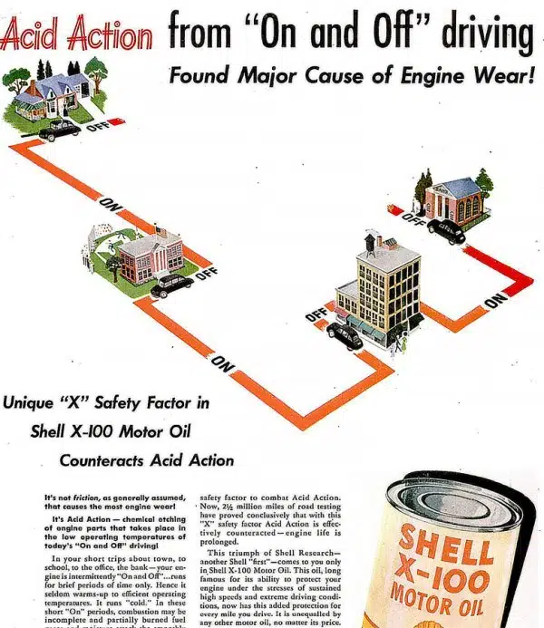 Реклама Shell X-100 моторного масла, показывающая связь между частыми короткими поездками и износом двигателя.