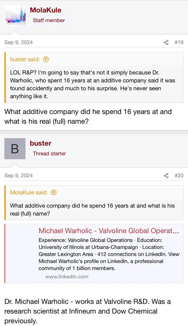 Форумная дискуссия о Michael Warholic, его работе в Valvoline и его прошлом опыте в Infineum и Dow Chemical.