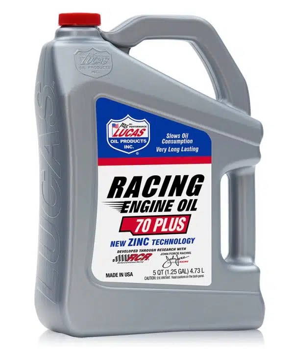 На картинке серая канистра моторного масла Lucas Racing Engine Oil 70 Plus с красной крышкой и ручкой.