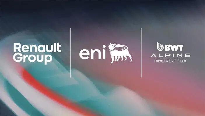 Логотипы Renault Group Eni и BWT Alpine Formula One Team на цветном фоне