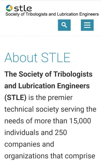 Мобильная версия вебсайта STLE Society of Tribologists and Lubrication Engineers представляет информацию о деятельности этого крупного технического общества.