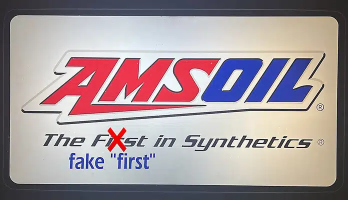 Изображение показывает логотип Amsoil с надписью "fake first" и перечеркнутым словом "first", намекающее на ложный приоритет или подделку.