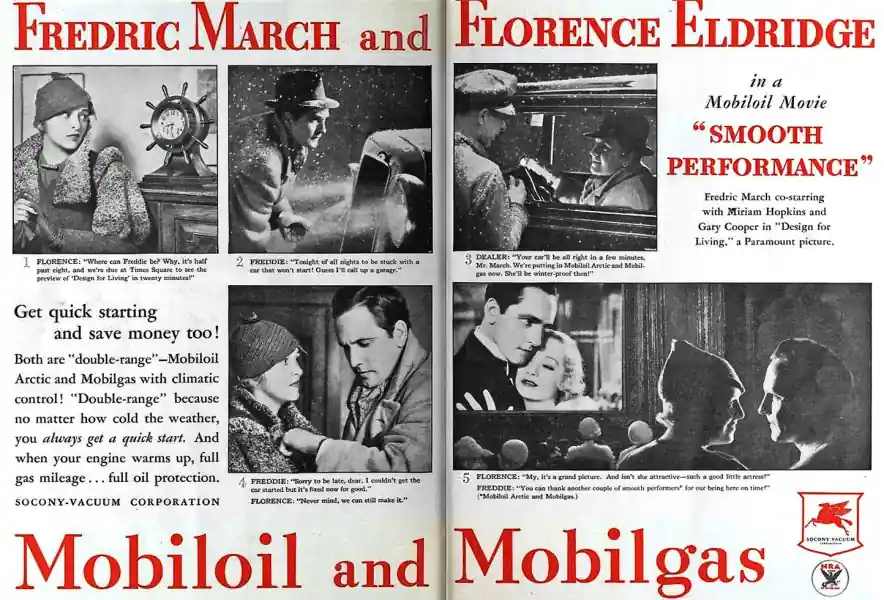Чёрно-белая реклама 1930х годов, изображающая Фредрика Марча и Флоренс Элдридж, продвигающих автомобильное масло Mobil и фильм "Гладкое исполнение".