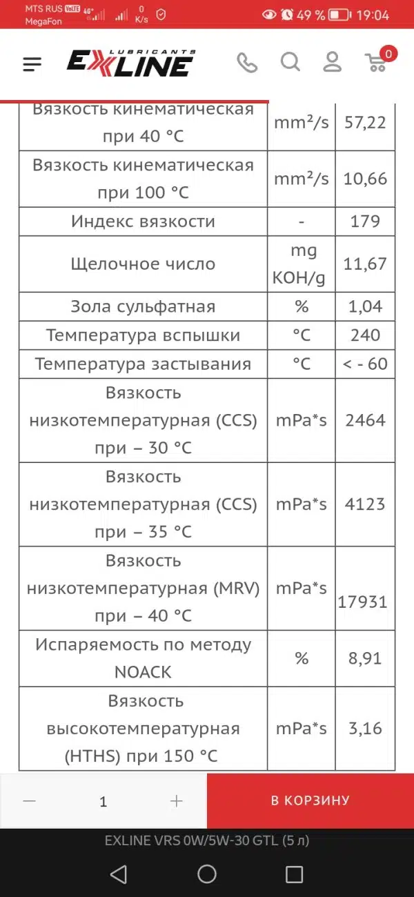 Таблица характеристик моторного масла Exline с данными о вязкости, температуре вспышки и других параметрах.