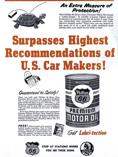 Реклама моторного масла Phillips 66 Heavy Duty Premium с черепахой, гарантирующей защиту автомобиля.