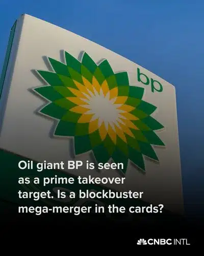 Логотип BP с информацией о возможном поглощении нефтяной компании крупным игроком рынка.