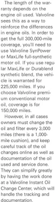 Информация о гарантии Valvoline, зависящей от используемого моторного масла и интервалов замены для оптимального покрытия пробега.
