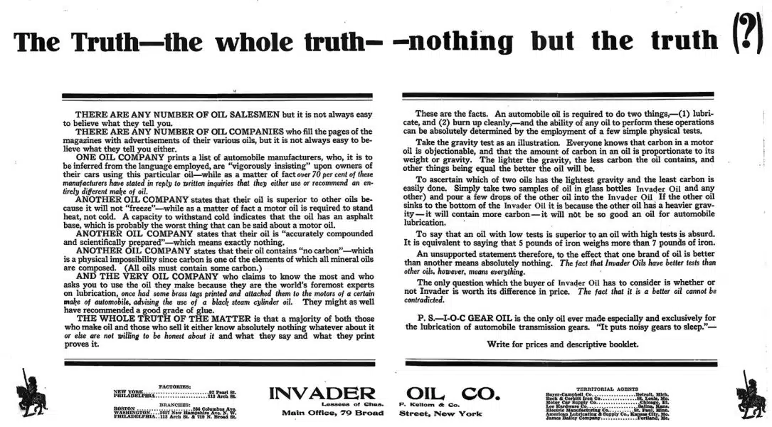 Антикварная реклама моторного масла Invader Oil обещает правду и исключительное качество продукта на фоне конкурентов.