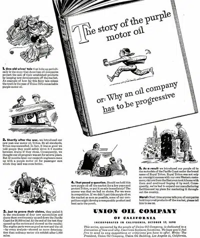 Винтажная реклама Union Oil Company с книгой о фиолетовом моторном масле и историей прогресса компании.