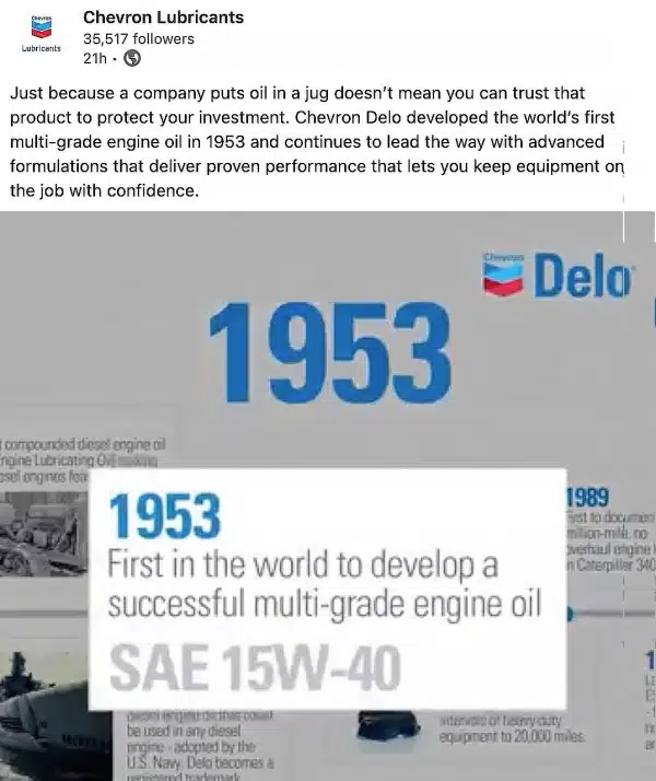 Реклама Chevron Delo с историей разработки первого в мире всесезонного моторного масла SAE 15W-40 в 1953 году.