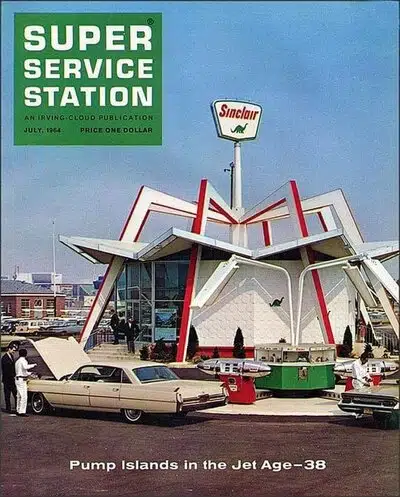 Обложка журнала Super Service Station за июль 1964 года с изображением футуристичной автозаправочной станции Sinclair с динозавром на логотипе.