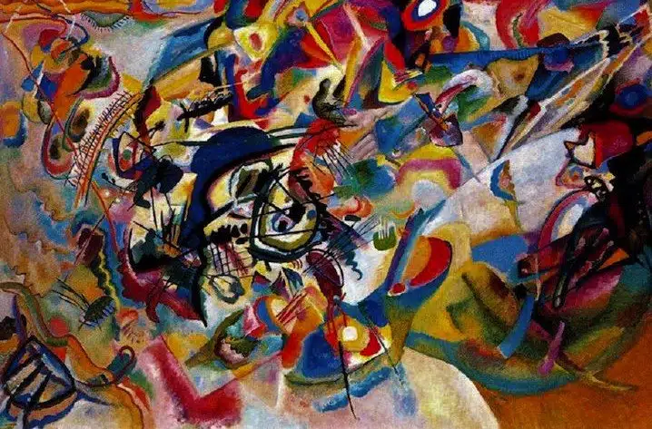 Яркая абстрактная картина Кандинского с динамичными формами и цветами.