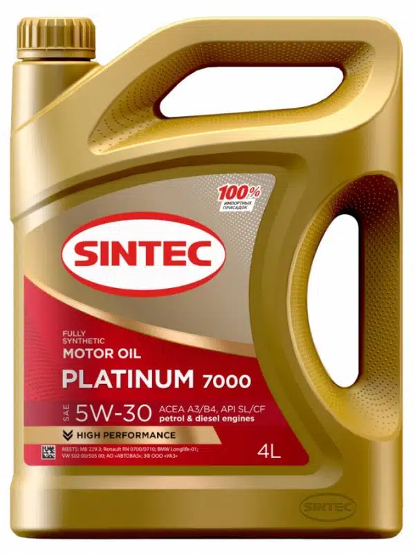 На картинке золотистая канистра моторного масла Sintec Platinum 7000 5W-30, объемом 4 литра.