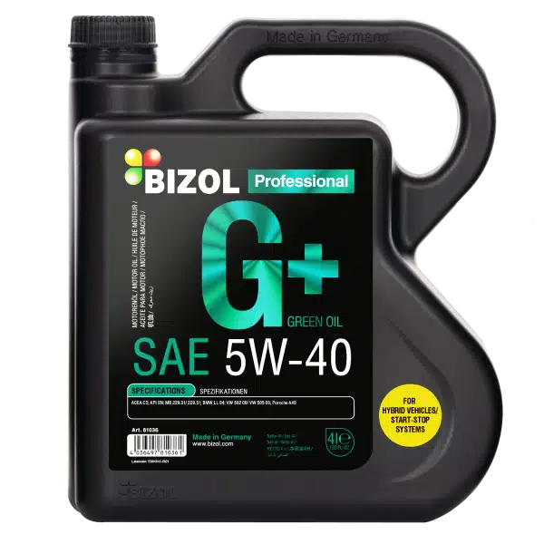 Чёрная канистра моторного масла Bizol Professional G+ SAE 5W-40 для гибридных авто и систем старт-стоп.