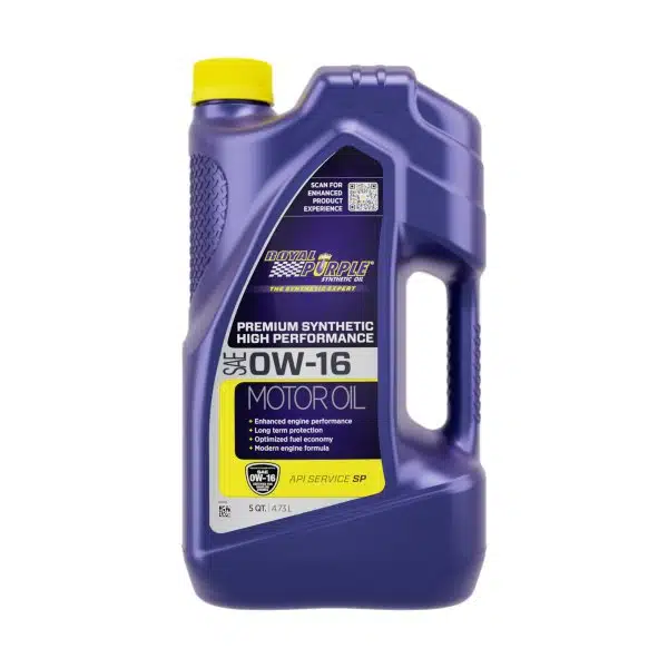 Канистра синтетического моторного масла Royal Purple OW-16 для высокой производительности двигателя.