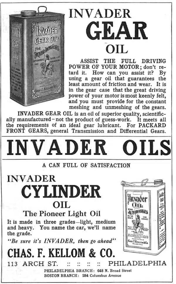 Винтажная реклама Invader Gear Oil и Cylinder Oil от Chas F Kellom & Co, обещающая мощность и качество для автомобилей.