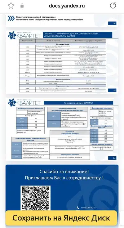 На изображении представлены таблицы с примерами продукции компании Квалитет, включая моторные и трансмиссионные масла, а также различные присадки.