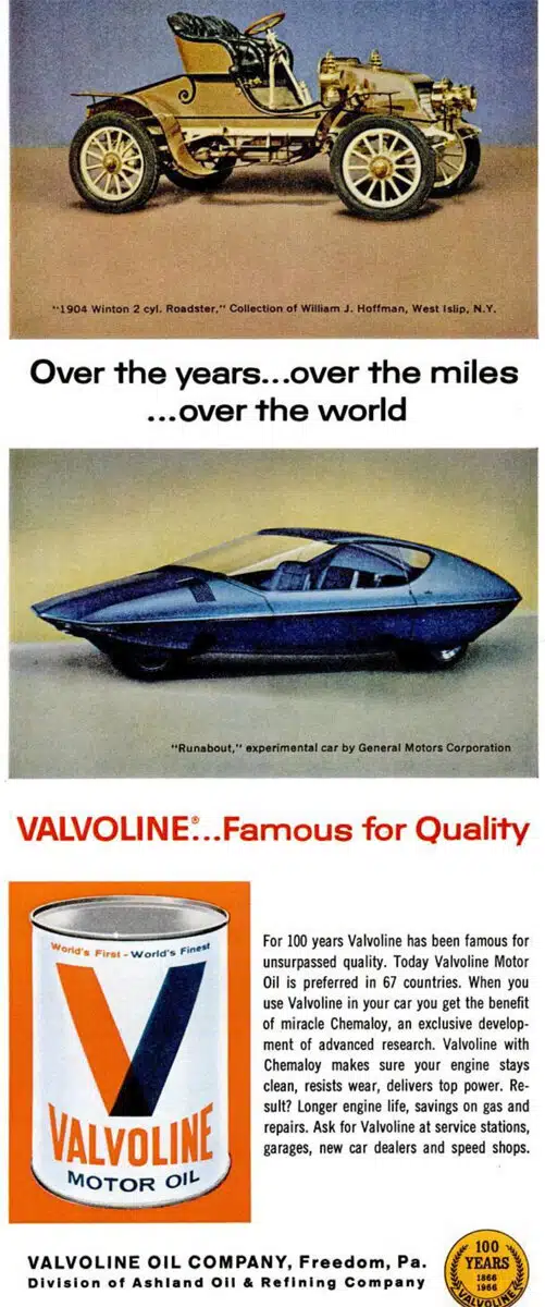 На рекламе Valvoline старинный и футуристический автомобили рядом с легендарной банкой масла символизируют долгое качество бренда.