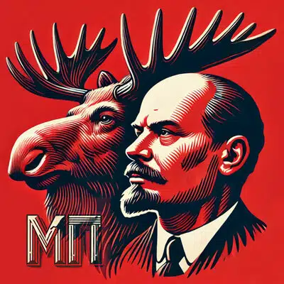 На красном фоне выполнена в графическом стиле иллюстрация головы лося и профиля человека с бородкой напоминающего Ленина а также буквы МП.