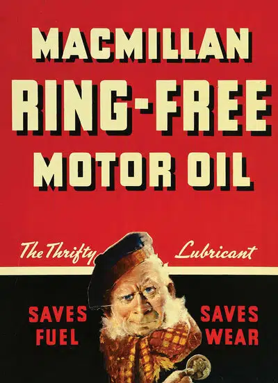 Стильный рекламный постер MacMillan Ring Free Motor Oil с рисунком персонажа в кепке и шарфе символизирующий экономичность и заботу о двигателе.