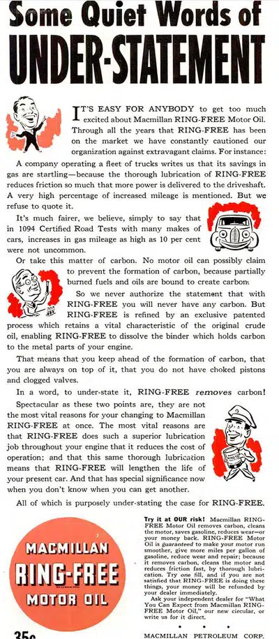 Старая текстовая реклама моторного масла Macmillan RINGFREE с иллюстрациями.