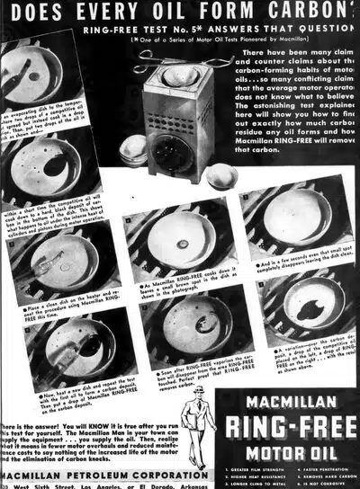 Винтажная реклама моторного масла MacMillan с тестом на удаление нагара