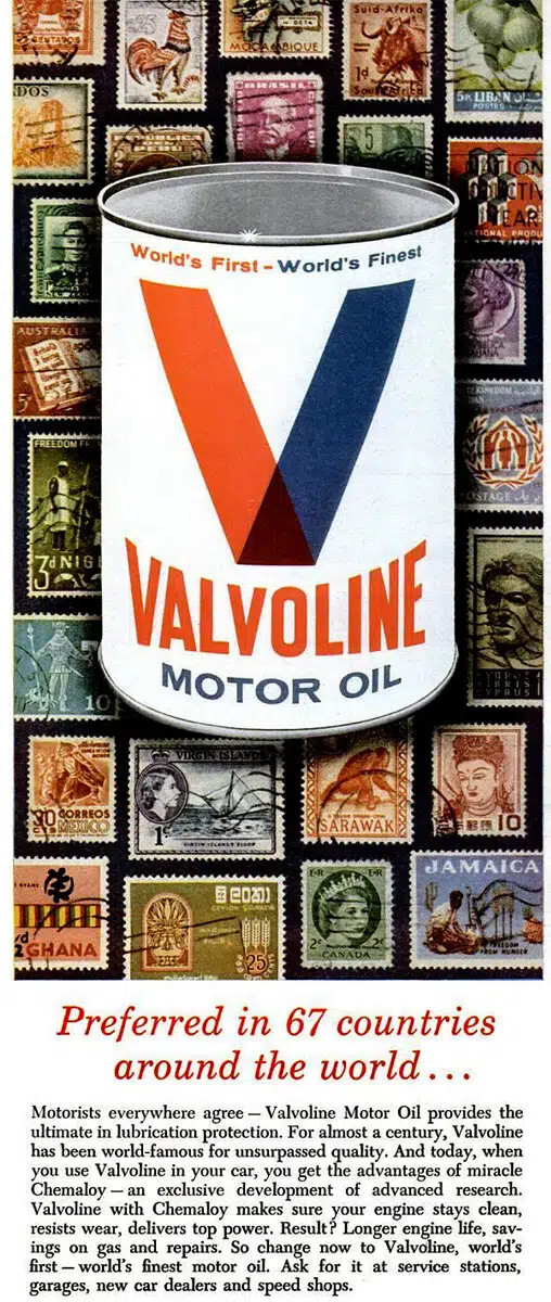 Винтажная реклама масла Valvoline окруженная пестрыми марками мира.