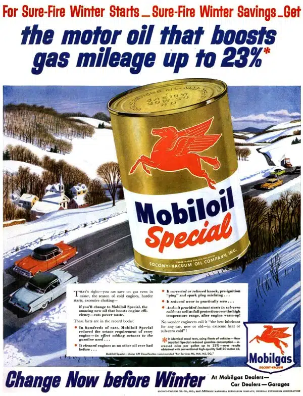 Зимний пейзаж с едущими по заснеженной дороге машинами и банка масла Mobiloil для уверенного вождения зимой.
