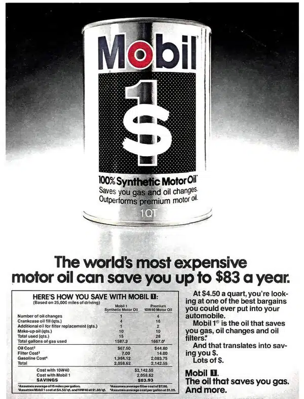 Банка синтетического моторного масла Mobil 1 реклама экономии.