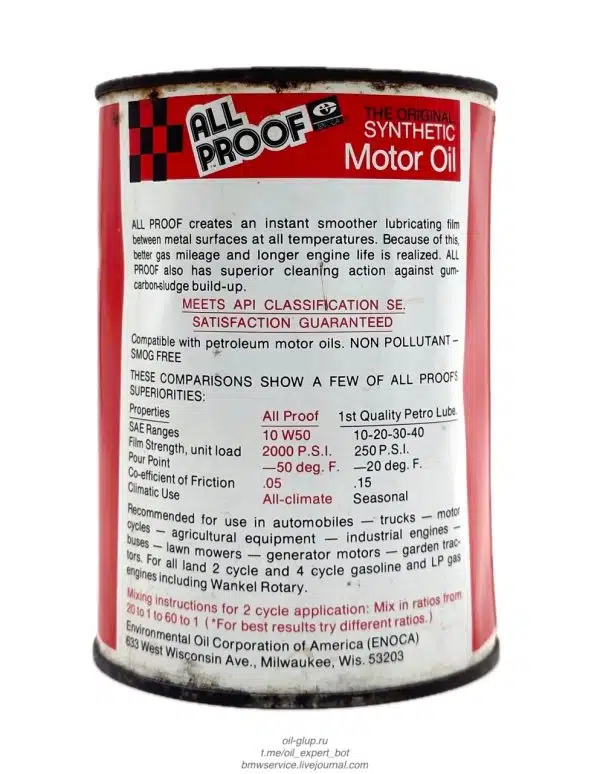 Винтажная банка моторного масла All Proof с информацией о характеристиках и областях применения.