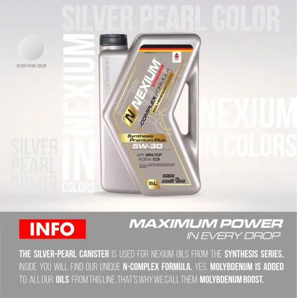 На картинке канистра моторного масла Nexium Synthesis Premium Plus 5W-30 в серебристо-перламутровом дизайне.