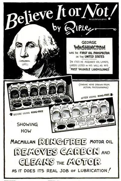 Реклама масла Ring Free удаляющего нагар из двигателя с портретом Вашингтона