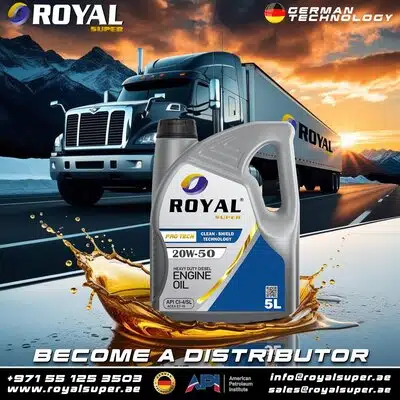 Фирменное масло Royal Super для грузовых двигателей на фоне дороги под закатным небом.