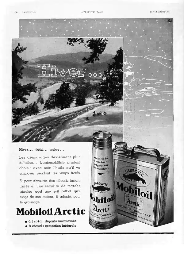 Винтажная реклама масла Mobiloil Arctic с зимним пейзажем и слоганом о лёгком запуске двигателя в холодную погоду.