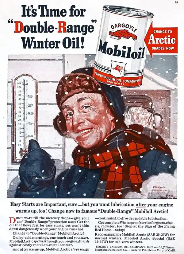 Винтажная реклама моторного масла Mobiloil с улыбающимся человеком в зимней одежде и термометром на фоне снега.