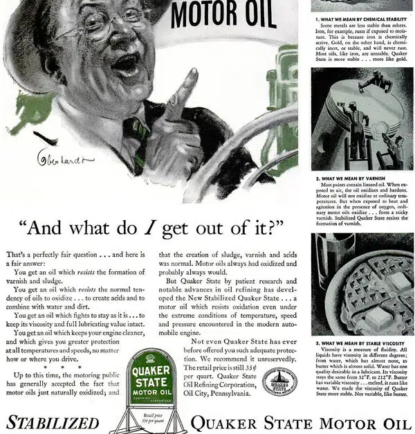Реклама Quaker State Motor Oil с вопросом потребителя и гарантией защиты двигателя от окисления, шлама и потери вязкости.