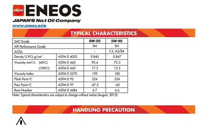 Технические характеристики моторного масла ENEOS 0W50 и 5W40 в таблице.