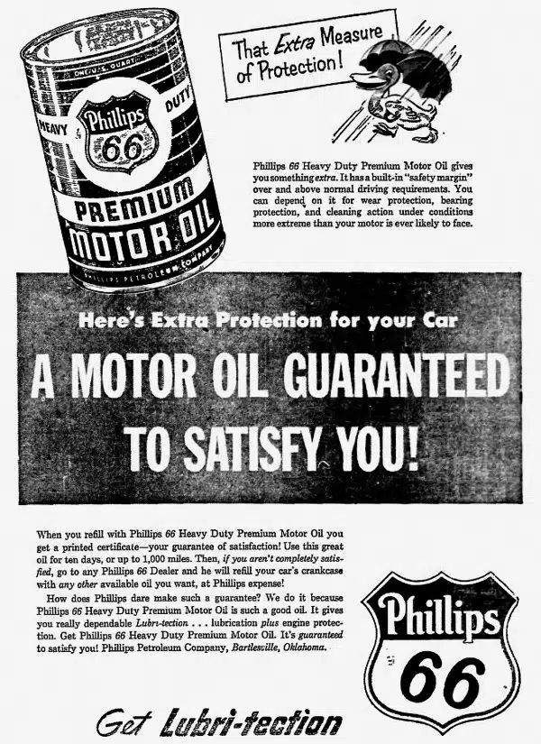 Реклама моторного масла Phillips 66 гарантирует экстра защиту и удовлетворение потребителя качеством продукта.