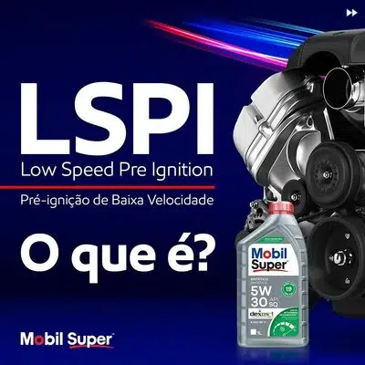 Изображение двигателя моторного масла Mobil Super и информации о LSPI Low Speed Pre Ignition.